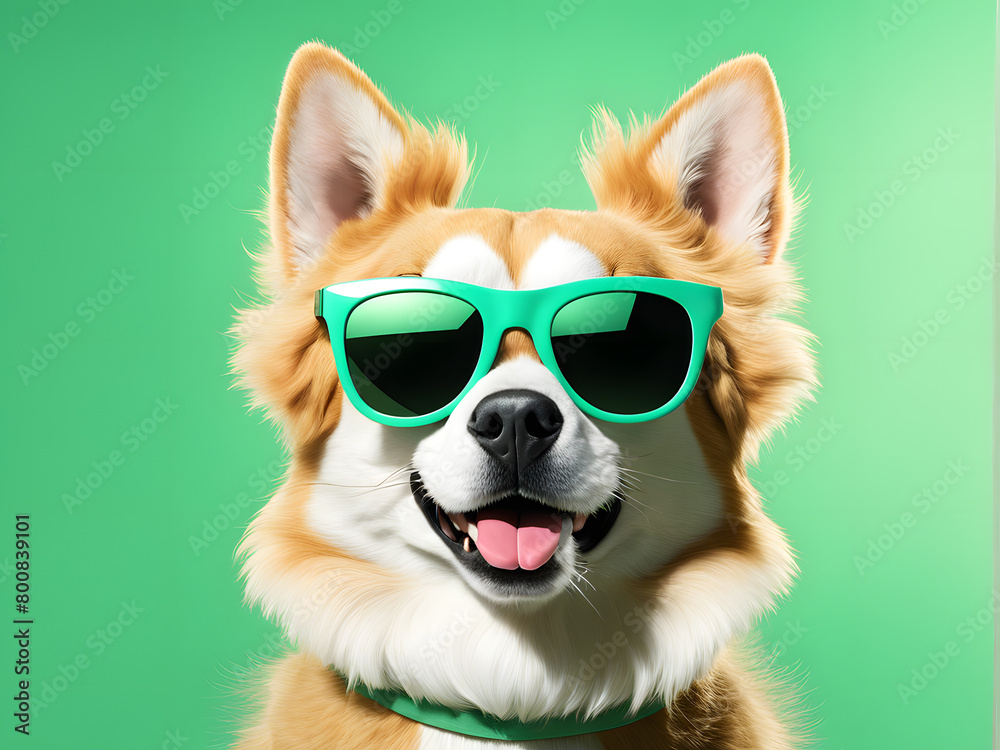 A dog wearing sunglasses and a green collar