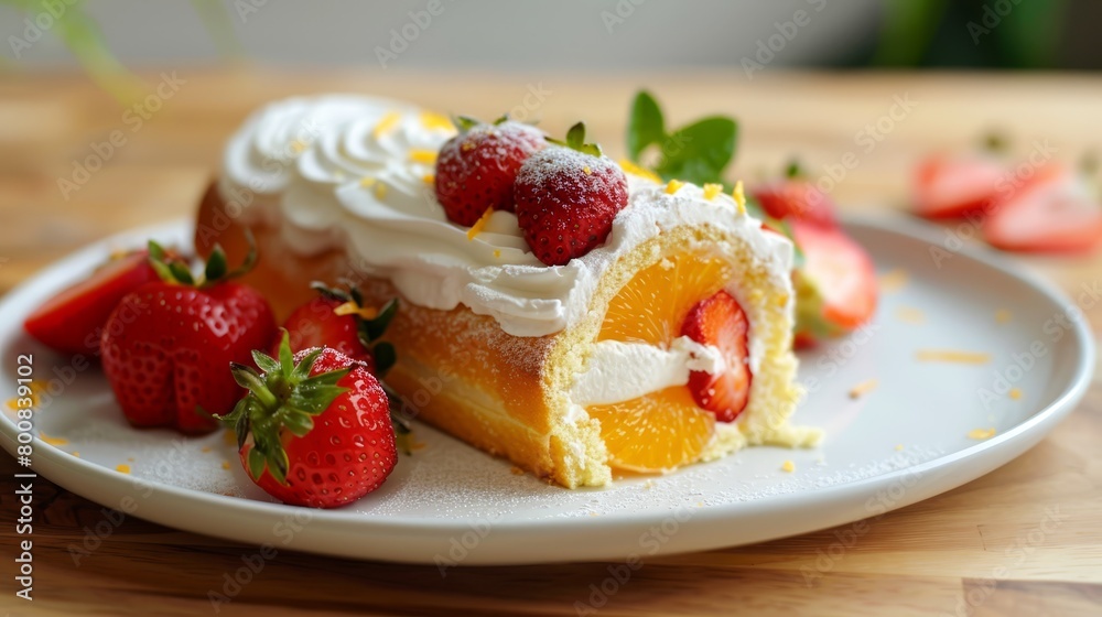 A white plate holds a slice of cake, its surface covered in frosting Strawberries top the cake, placed proudly atop a weathered wooden table A white plate holds a slice of cake, its surface covered in frosting Strawberries top the cake, placed proudly atop a weathered wooden table