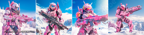 Futuristic robot in pink combat armor Giant sniper rifle in hand Wet skin and snowfall Hyper realistic image of a futuristic world
