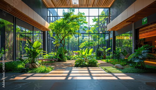 A large modern office building with an open space interior, showcasing natural light and greenery in the lobby area. The setting includes comfortable seating areas for employees to relax or take rest.