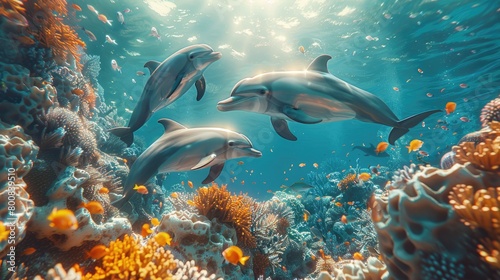 Dolphins swimming over coral reef © Boomanoid