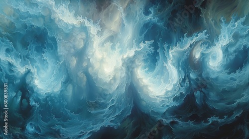  A painting of blue-and-white wave formation against a backdrop of a tranquil sky, with a central light source