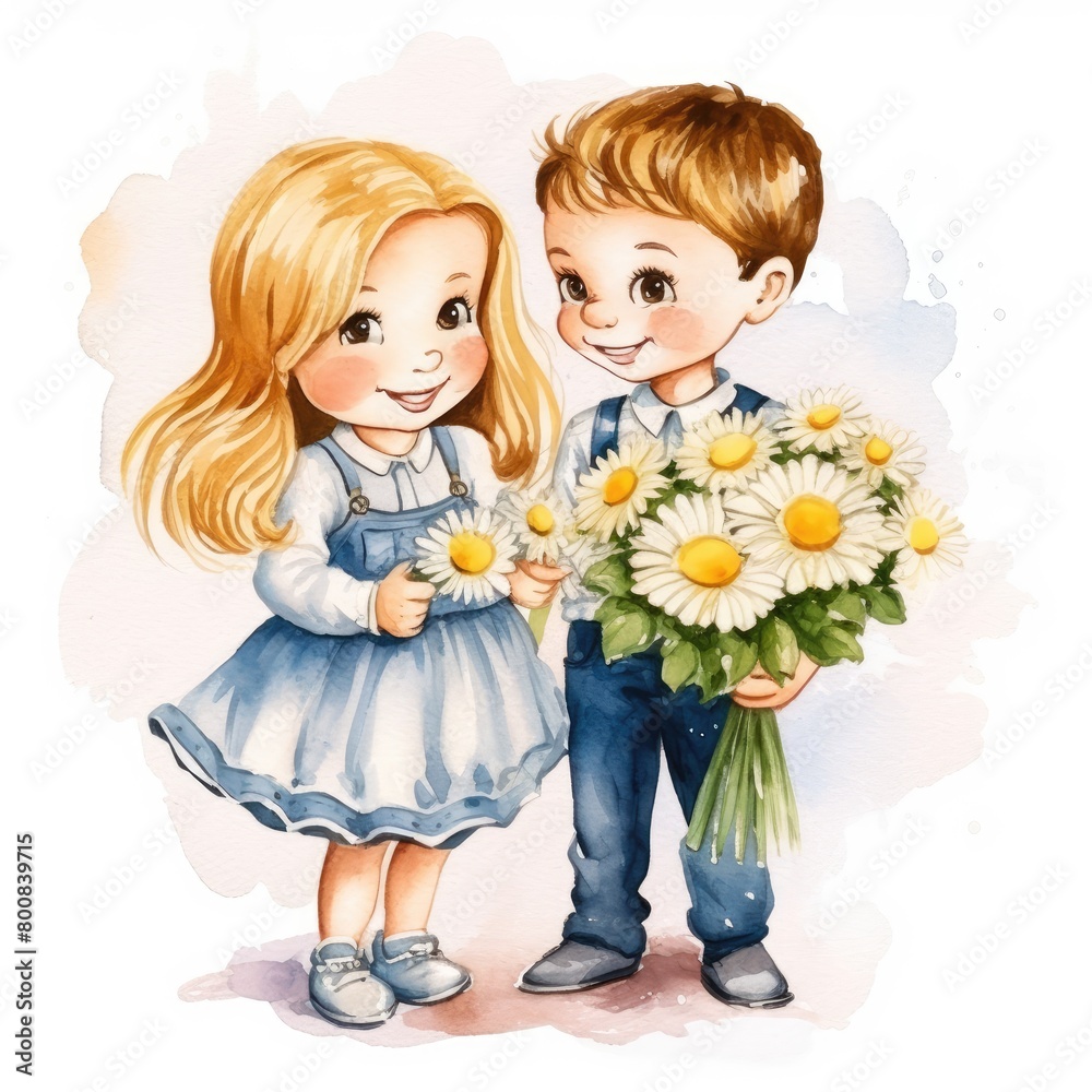 Two teenage schoolchildren, a boy and a girl, stand together with a bouquet of flowers. Two teenage schoolchildren, a boy and a girl, stand together with a bouquet of flowers.