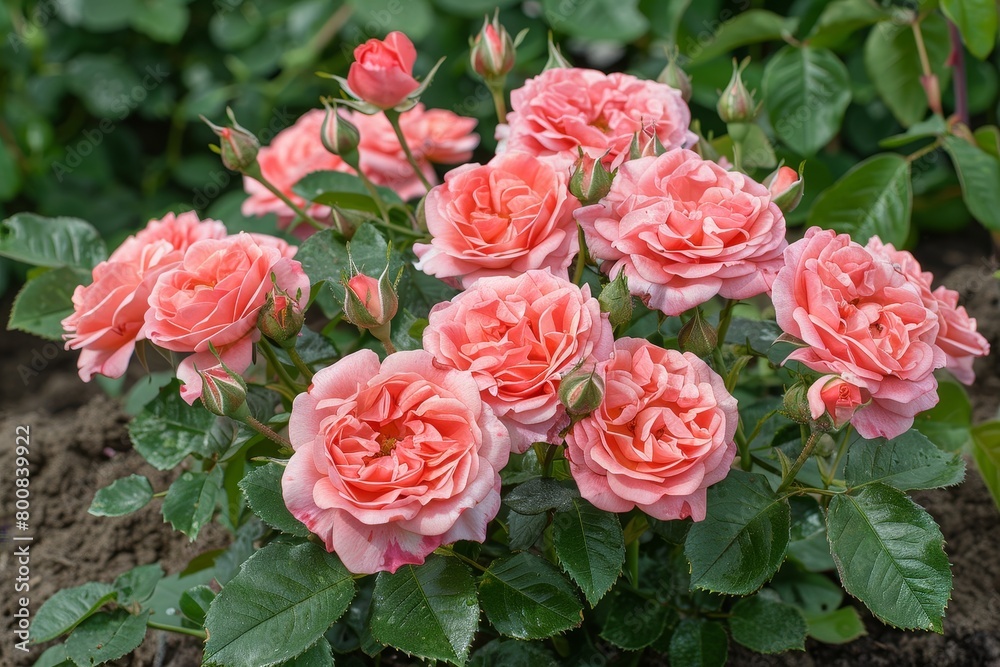 Clustered pink rose with double flowers 5 cm wide featuring 40 salmon pink petals in the garden