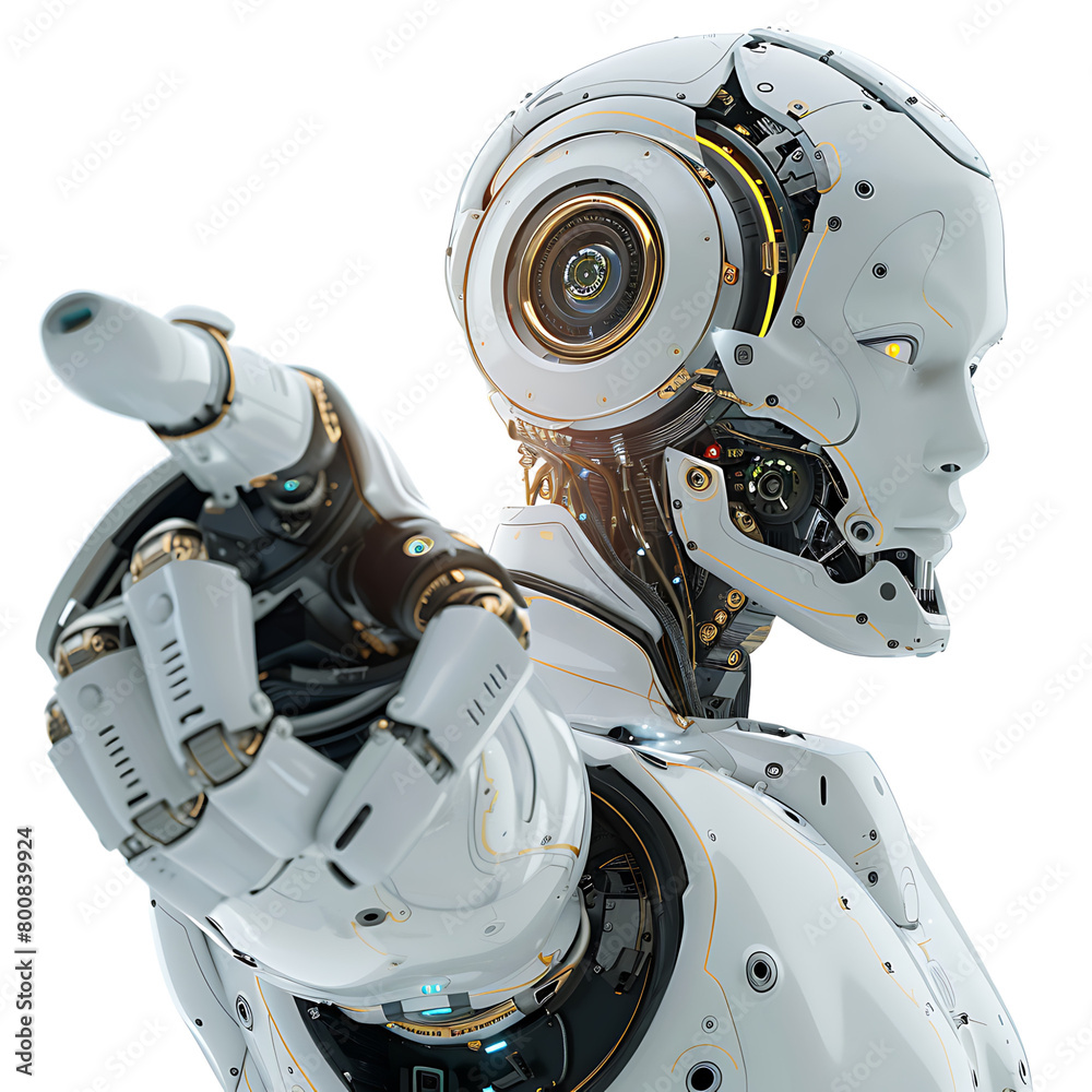 Fototapeta premium Ai android robot pointing hand at front on isolated transparent background