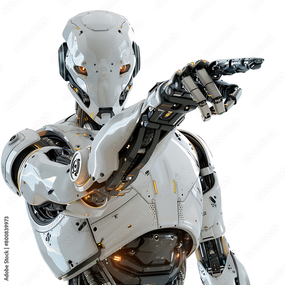 Ai android robot pointing hand at front on isolated transparent background