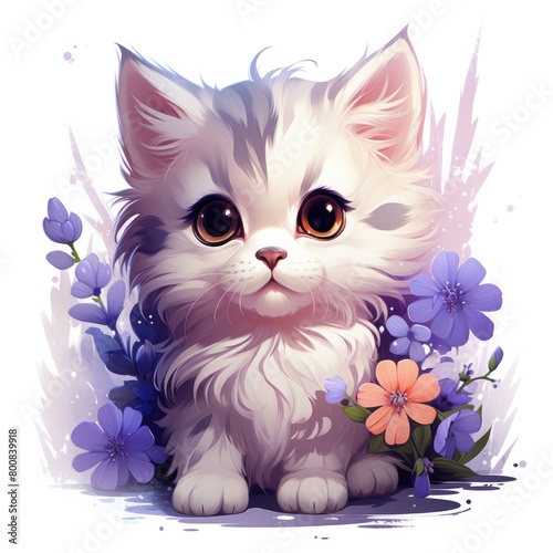 Cute fluffy kitten in the garden with flowers on a white background.