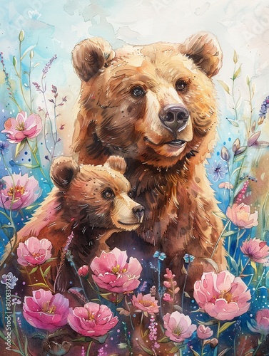 Bright pastel watercolor of a loving bear and cub among carnations, serene Mothers Day theme, clear sky backdrop, hand drawn © Thanadol