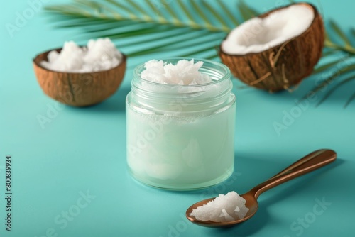 Coconut oil jar and spoon on colorful backdrop