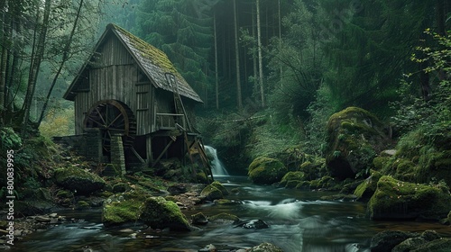 A small wooden watermill sits beside a rushing river in a dense forest.