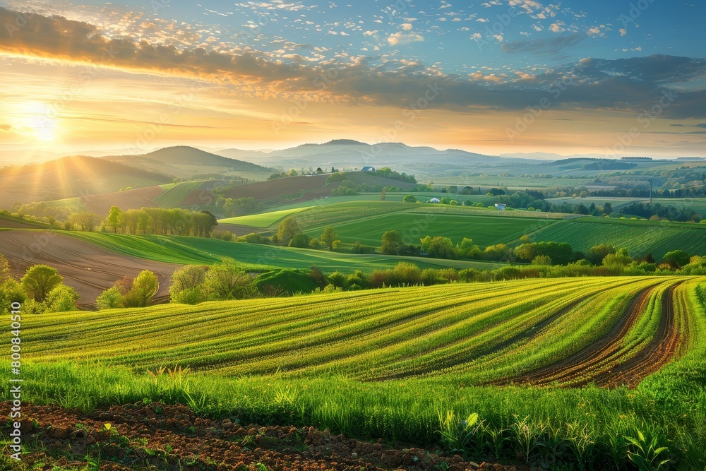 Colorful fields sunrise sky beautiful hills valley in spring landscape