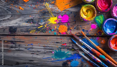 Colorful ink splashes surrounding brushes and ink paint on wooden table from top view