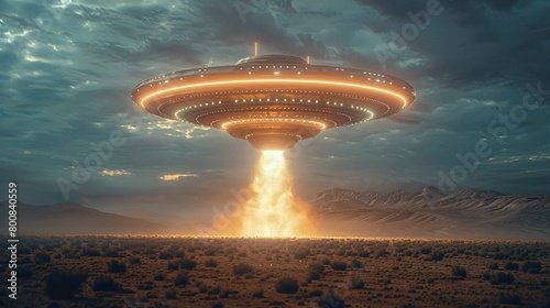 an alien UFO ship emits light towards the earth's soil photo