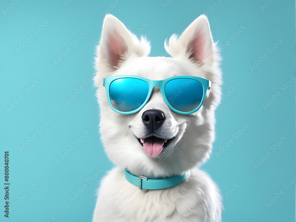 Fototapeta premium A white dog wearing sunglasses and a blue collar