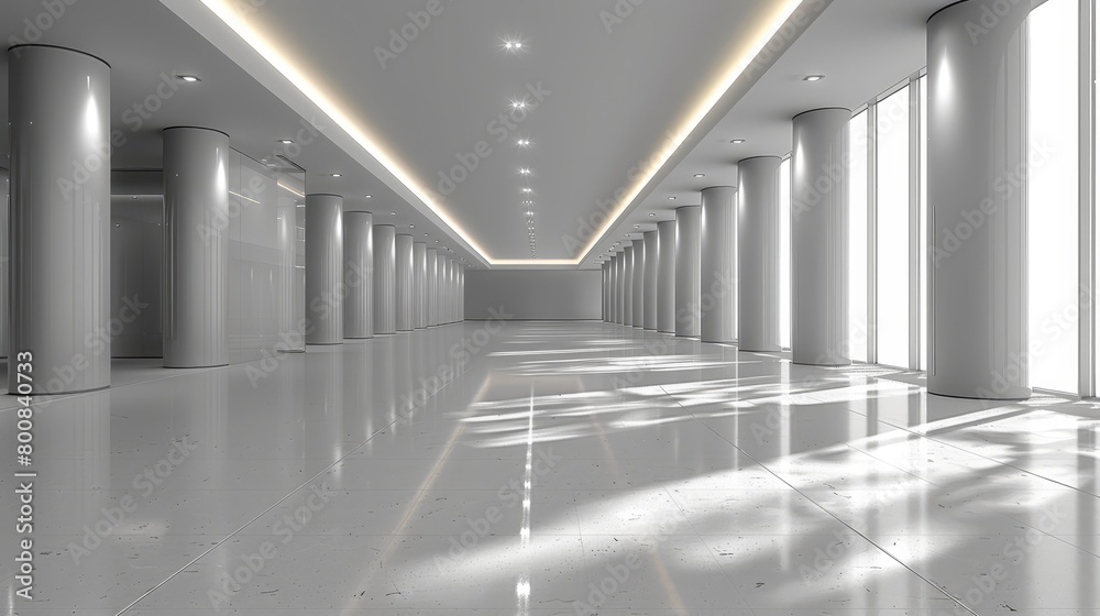   A long, sunlit hallway, adorned with columns and lights, casts gentle illumination Sunlight filters in through windows along each side