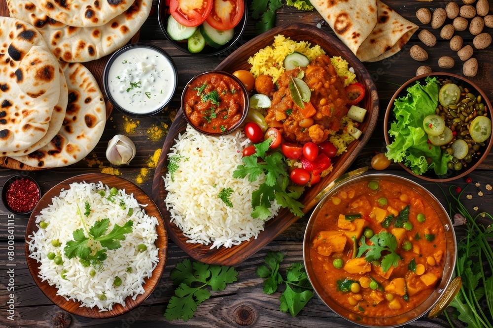 Complete Indian vegetarian meal dal pulao chapati gulab jamun salad papad pickle chana masala curry aloo gobi