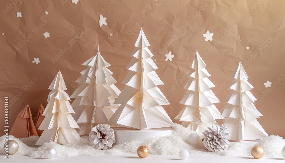 Concept for business in the New Year Origami Christmas trees product podium and white baubles
