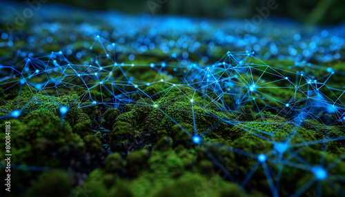 A network of bright blue on a dark moss green backdrop, illustrating digital growth.