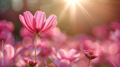   A tight shot of a pink flower against a backdrop of sunny sky and a sea of pink blooms before it © Nadia