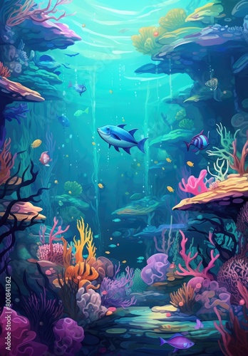 Vibrant underwater scene with fish and corals