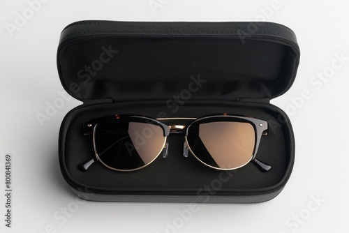 Contemporary black sunglasses in white case