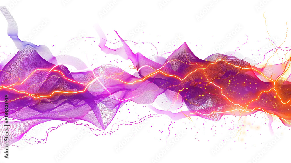 Vibrant purple neon lightning bolts alongside dynamic orange wave patterns, isolated on a solid white background.