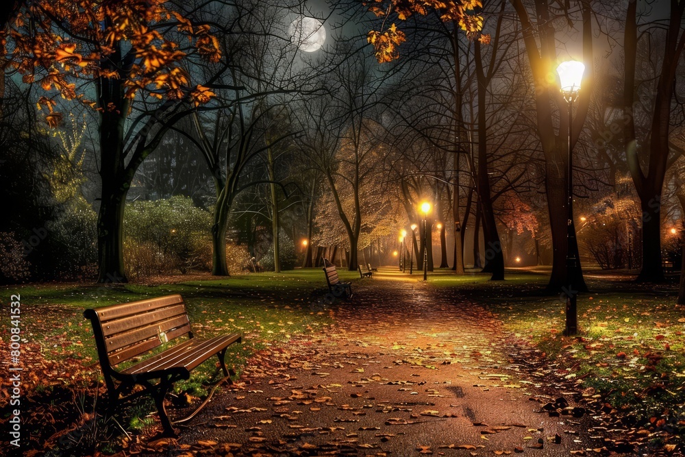 Step into a peaceful park under the serene moonlight, where benches sit empty and the only sound is the rustle of leaves in the gentle night breeze, Generative AI