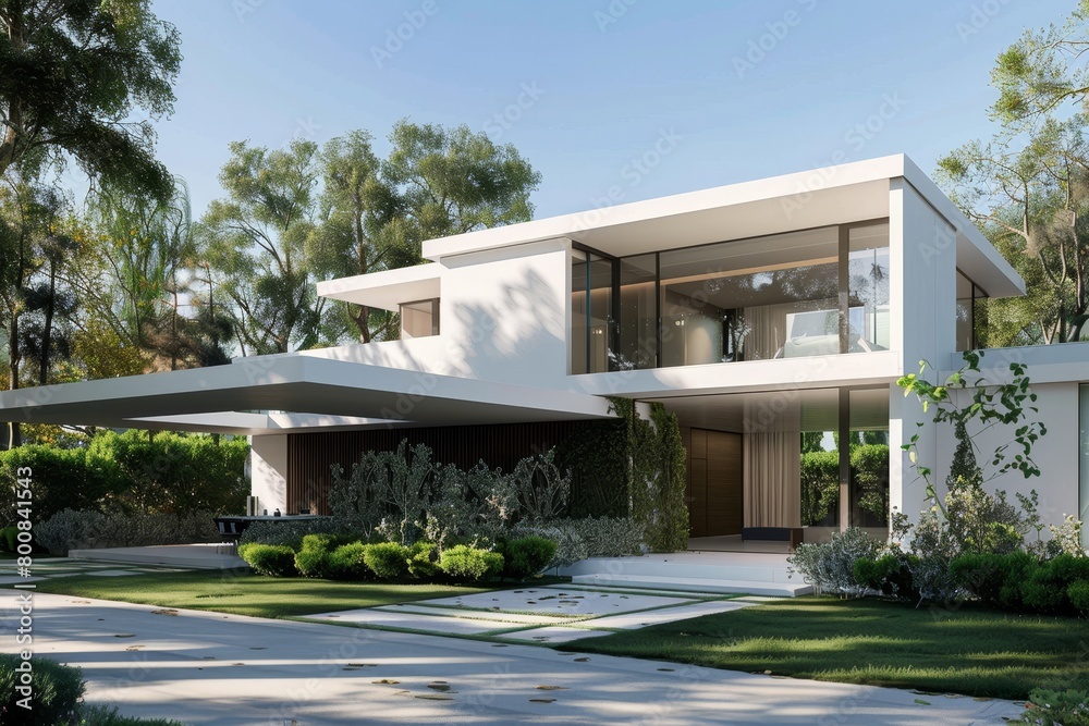 Contemporary white house with large garden and garage outside view Contemporary white house with large garden and garage outside view