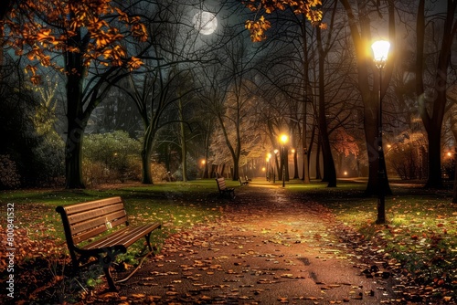 Step into a peaceful park under the serene moonlight  where benches sit empty and the only sound is the rustle of leaves in the gentle night breeze  Generative AI