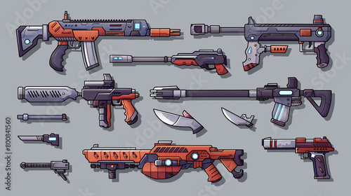 Set of detailed futuristic weapon illustrations in various designs, featuring guns and knives