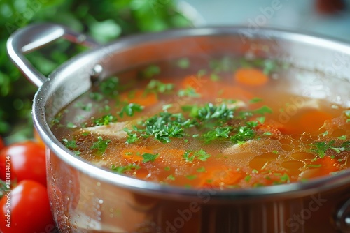 Cooking chicken consomme in a pot
