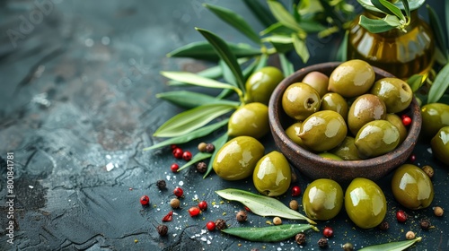  A wooden bowl holds green olives, another nearby is filled with red peppers and green olives