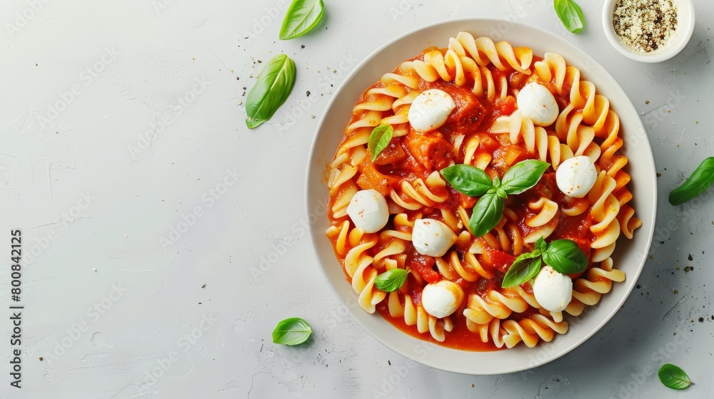 Spiral rotini pasta coated in a velvety tomato-basil sauce, topped with mozzarella balls, studio lighting, on a minimalist background Spiral rotini pasta coated in a velvety tomato-basil sauce, topped with mozzarella balls, studio lighting, on a minimalist background