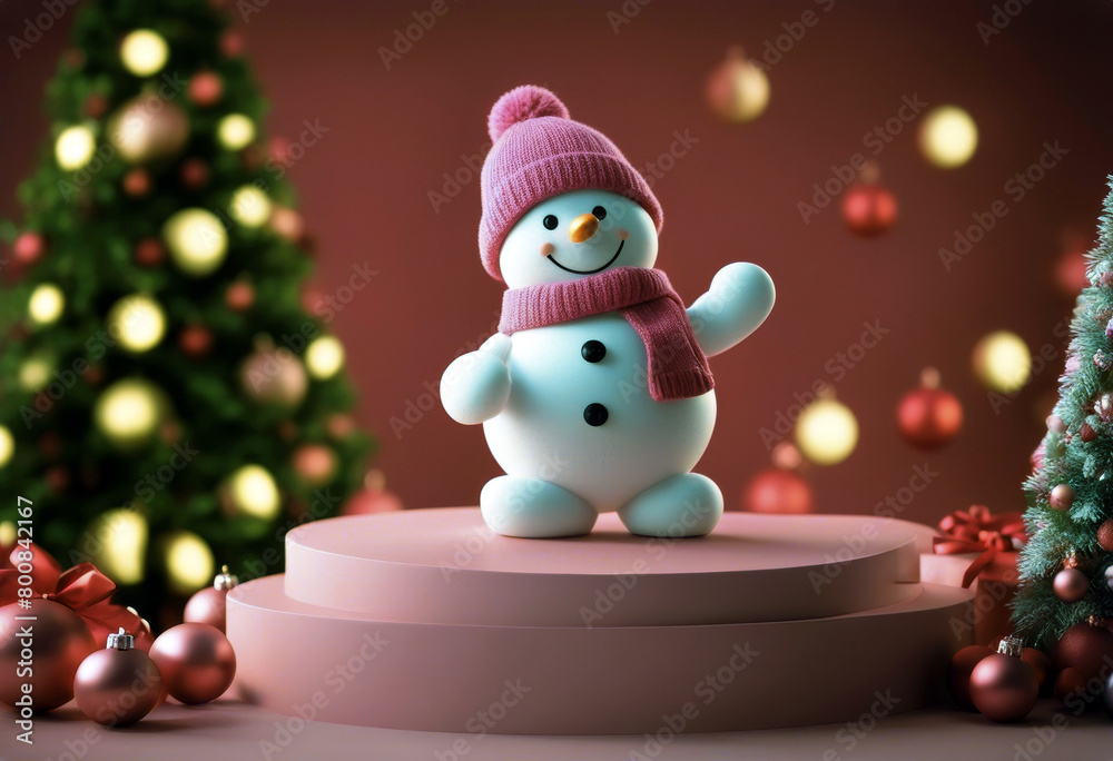 'Pink Snowman standing Christmas background 3d rendering scene podium splay Xmas tree poduim cold winter season white snow celebration card holiday happy hat' 'Pink Snowman standing Christmas background 3d rendering scene podium splay Xmas tree poduim cold winter season white snow celebration card holiday happy hat'