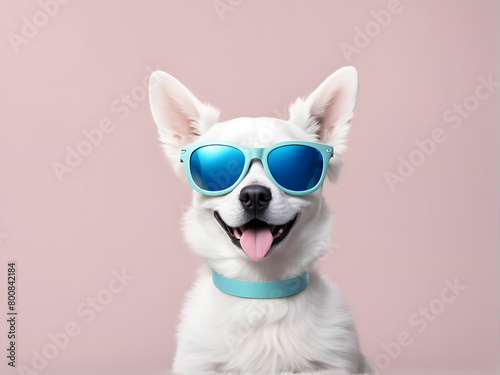 A white dog wearing sunglasses and a blue collar © Jati