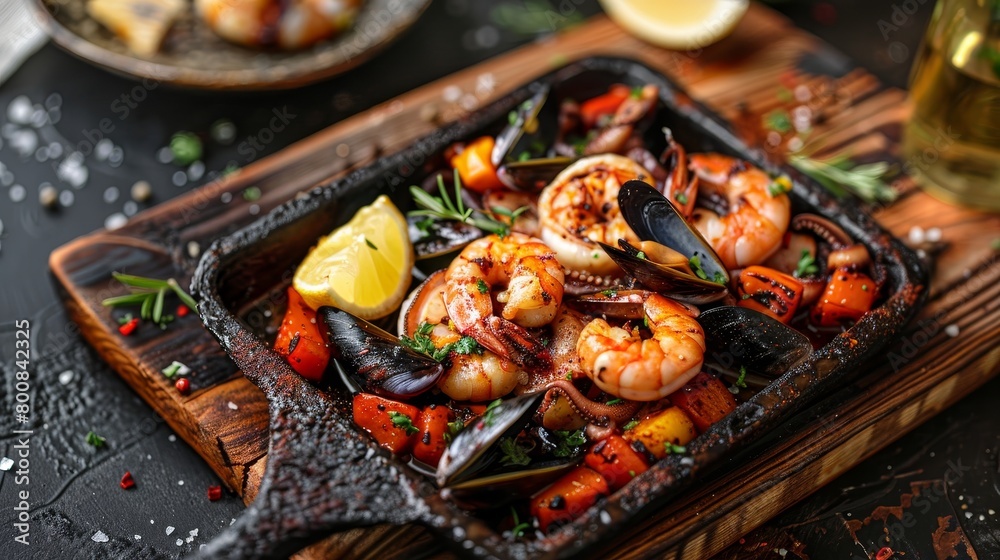 Sizzling mixed seafood grill with octopus, prawns, and mussels, seasoned with Mediterranean spices, captured from above on a rustic wooden board Sizzling mixed seafood grill with octopus, prawns, and mussels, seasoned with Mediterranean spices, captured from above on a rustic wooden board