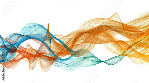 Vibrant orange and cyan spectrum wave lines embodying technological creativity, isolated on a solid white background."