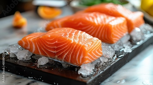  A couple of salmons rest atop an ice-covered cutting board, near a bowl of lemons