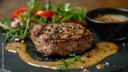 Sirloin steak, masterfully seared, served with a peppercorn sauce on an undistracted background, highlighted by studio lighting, raw portrayal photo