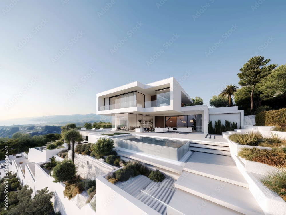 Fototapeta premium Beautiful contemporary white house with lush grass and blue sky twilight and daylight