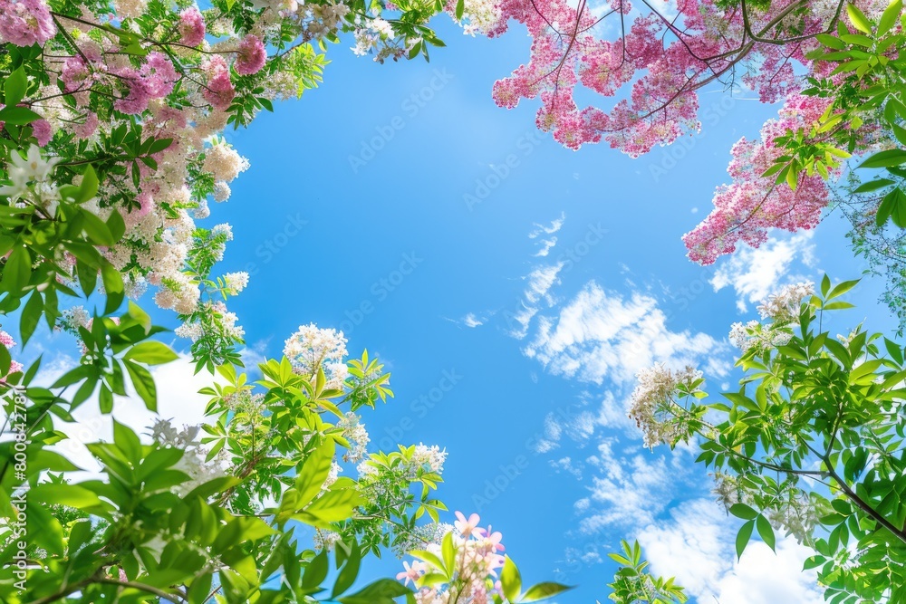 Green leaves and pink white flowers of various trees in the foreground, blue sky background Green leaves and pink white flowers of various trees in the foreground, blue sky background
