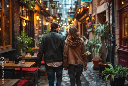 Couple holding hands and walking through the city street © kardaska