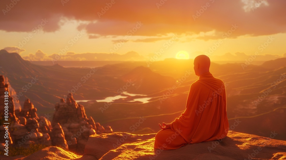 Seen from the back, a bald man dressed in an orange robe is seen meditating calmly atop a mountain peak as the sun sets, bathing the peaceful surroundings in a warm, golden glow.