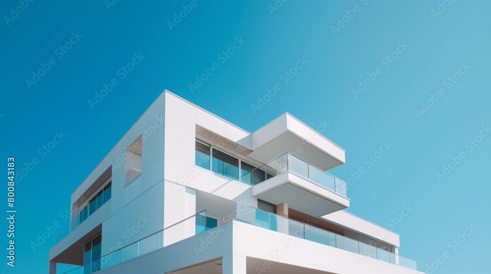 Beautiful contemporary white house with lush grass and blue sky twilight and daylight Beautiful contemporary white house with lush grass and blue sky twilight and daylight