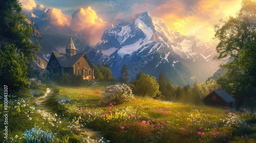 A beautiful mountain church surrounded by lush green meadows and colorful flowers