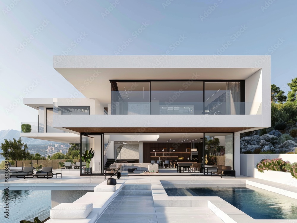 Beautiful contemporary white house with lush grass and blue sky twilight and daylight