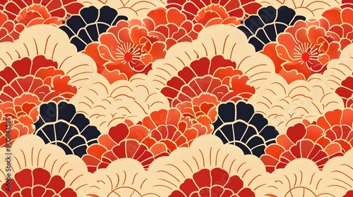 Japanese Wave and Flower Geometric Pattern Digital Paper for Modern Design