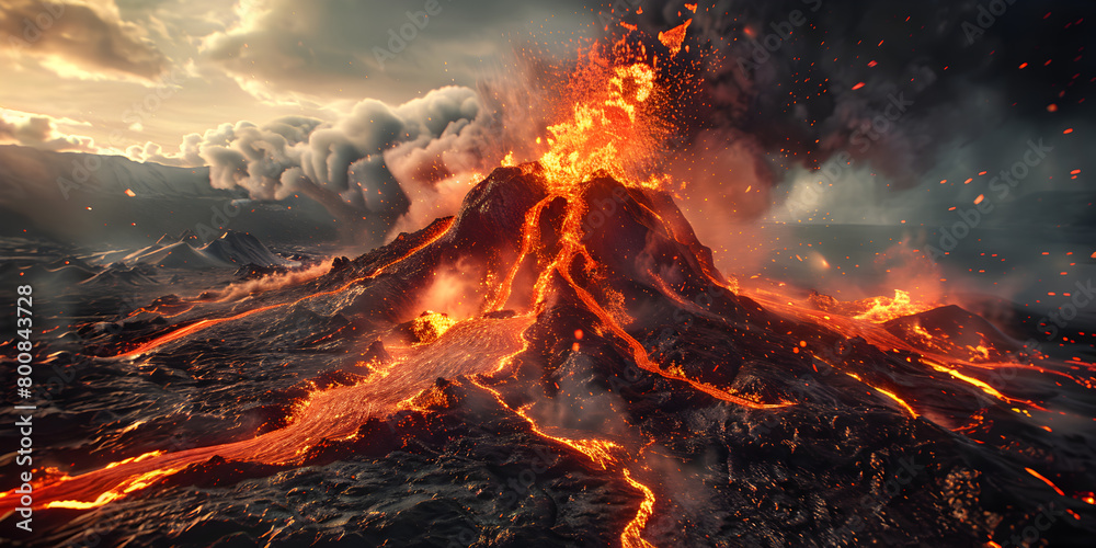 Flaming Tornado Erupting from Volcano,Volcano eruption with smoke and ash in the sky 3d illustration


