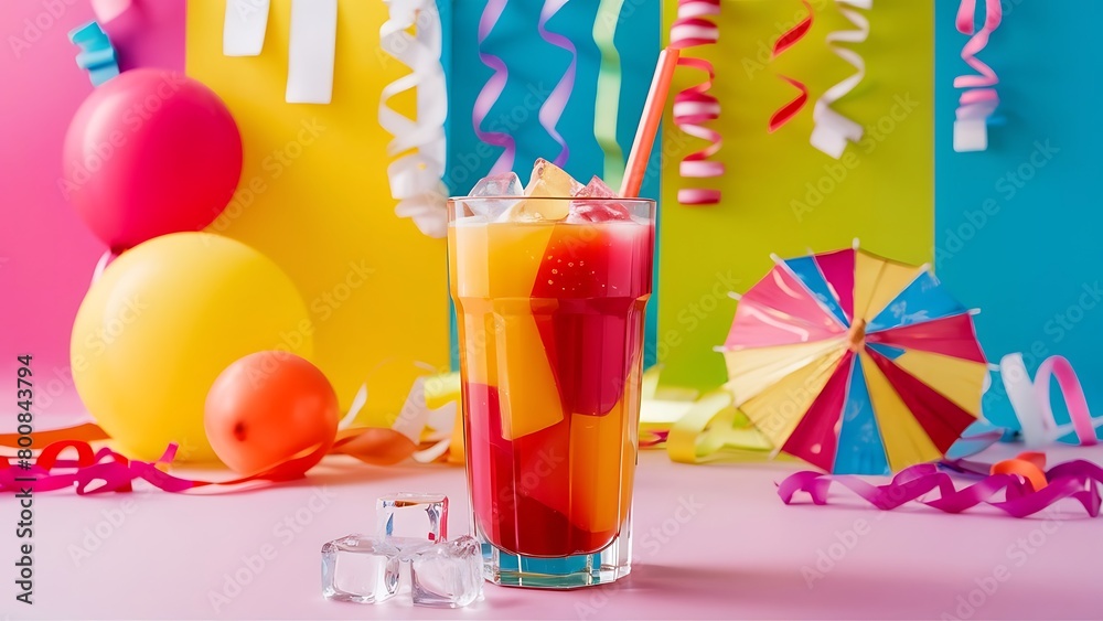 The refreshing juice with ice on a bright multi colored background