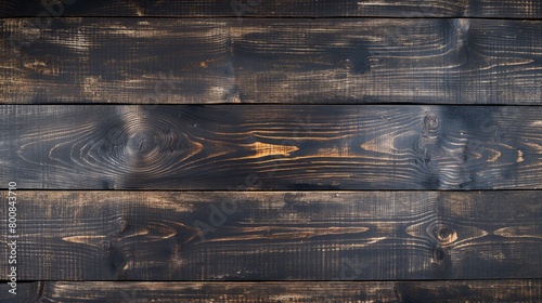 Wide horizontal photo banner for website design with a dark brown painted wooden desk background and a black, rustic wood texture timber board surface, empty table header with copy space, and top view